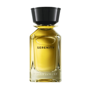 Omanluxury - Serenity Parfümflakon mit goldenem Duft und markantem schwarzem Verschluss vor weißem Hintergrund
