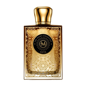 Moresque Parfum - Secret Collection - Seta luxuriöser Flakon mit goldener Ornamentik und schwarzem Siegel vor weißem Hintergrund