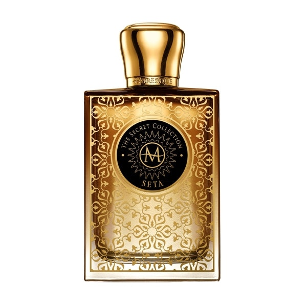 Moresque Parfum - Secret Collection - Seta luxuriöser Flakon mit goldener Ornamentik und schwarzem Siegel vor weißem Hintergrund