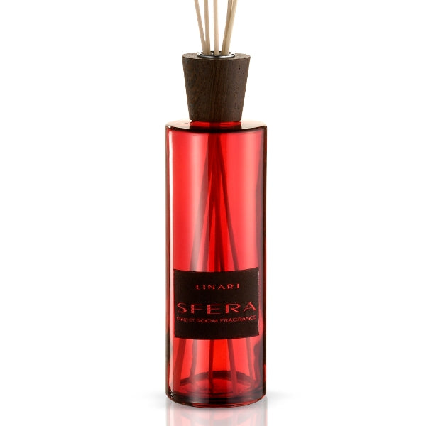 LINARI - Sfera - Diffusor in roter Glasflasche mit Holzverschluss und spritzig-frischem Duft aus Citrusnoten und bergamottigen Akzenten