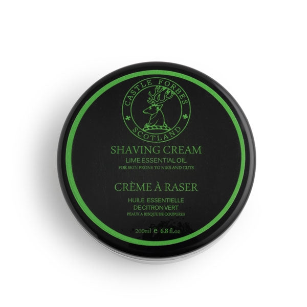 Castle Forbes - Lime Shaving Cream schwarze Dose mit grünem Label und frischem Limettenöl für sanfte Rasur