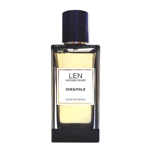 LEN - Histoire Privée - She & Male Parfumflakon mit klarem Glas und dunkelblauem Verschluss auf weißem Hintergrund