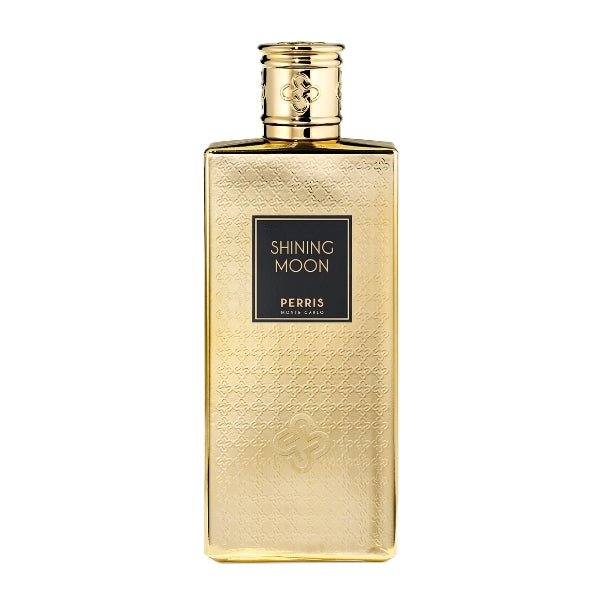 Perris Monte Carlo - Shining Moon Parfumflakon in goldener, strukturierter Flasche mit schwarzem Label vor weißem Hintergrund