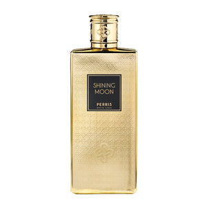 Perris Monte Carlo - Shining Moon Parfumflakon in goldener, strukturierter Flasche mit schwarzem Label vor weißem Hintergrund