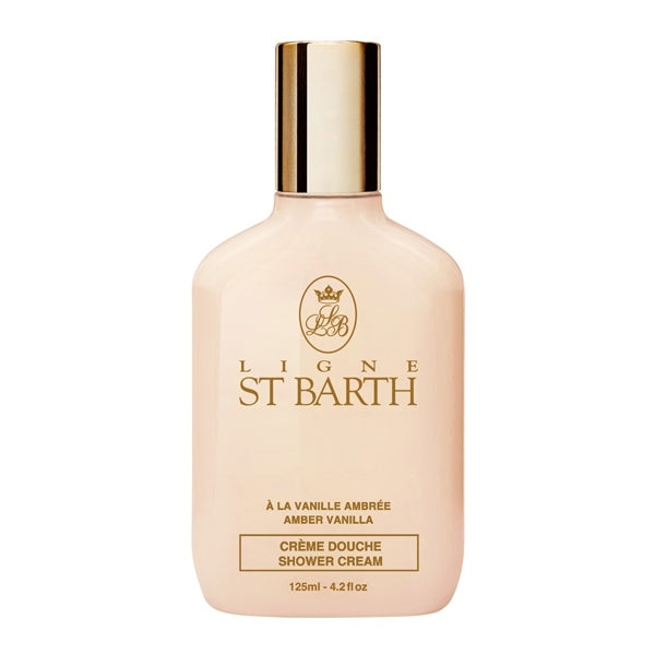 Ligne St Barth - Shower Cream Amber Vanilla in elegantem Flakon mit goldfarbenem Verschluss und dezenter Schrift vor weißem Hintergrund