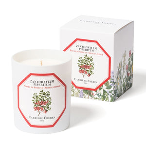 Carrière Frères - Sichuan Pepper - Zanthoxylum Piperitum - Duftkerze mit floralem Etikett und weißer Verpackung in eleganter Gestaltung