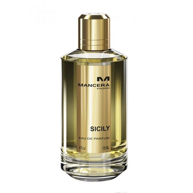 Mancera - Sicily Parfumflakon mit goldenem Inhalt und klarem Glas vor weißem Hintergrund