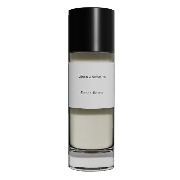 Mihan Aromatics - Sienna Brume zeigt klaren Flakon mit schwarzem Verschluss und schlichtem weißem Etikett vor weißem Hintergrund