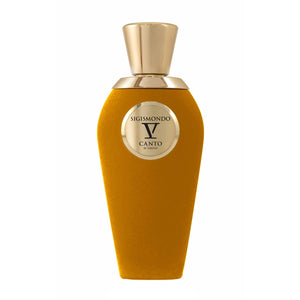 V Canto - Sigismondo Parfumflakon mit samtigem goldgelbem Mantel und glänzendem goldfarbenem Verschluss
