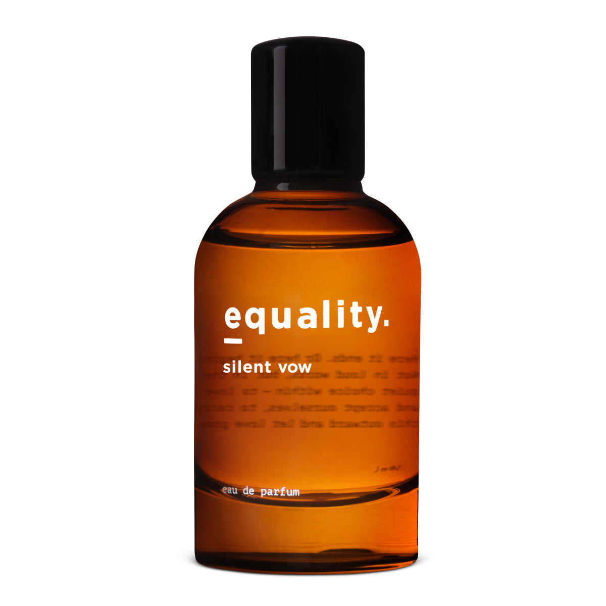 equality. fragrances - silent vow Parfumflakon in bernsteinfarbenem Glas mit schwarzem Verschluss vor weißem Hintergrund