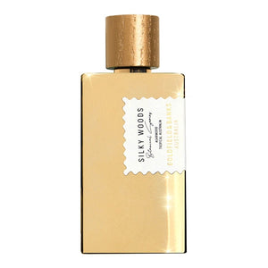 Goldfield & Banks - Botanical Series - Silky Woods Parfumflakon in elegantem goldfarbenem Design mit rundem Verschluss vor weißem Hintergrund