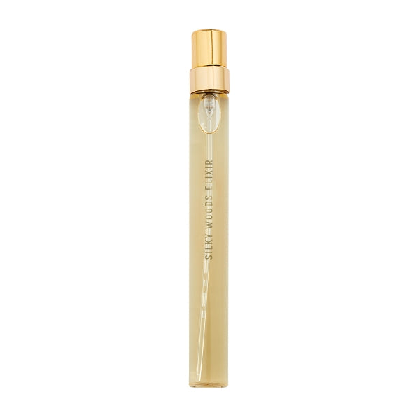 Goldfield & Banks - Botanical Series - Silky Woods Elixir feiner Parfumflakon mit goldenem Zerstäuber auf weißem Hintergrund