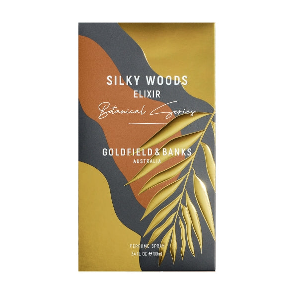 Goldfield & Banks - Botanical Series - Silky Woods Elixir Verpackung mit modernem botanischem Design in Gold- und Erdtönen