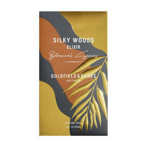 Goldfield & Banks - Botanical Series - Silky Woods Elixir Verpackung mit modernem botanischem Design in Gold- und Erdtönen