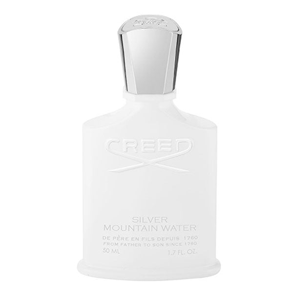 Creed - Silver Mountain Water Flakon in mattem Weiß mit silberfarbenem Verschluss auf weißem Hintergrund