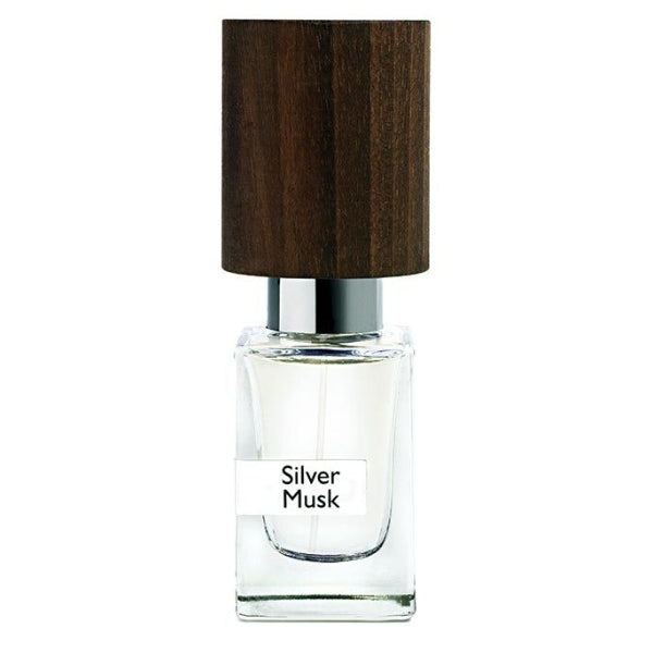 Nasomatto - Silver Musk Parfumflakon mit klarem Glas, silbernem Hals und dunklem Holzdeckel vor weißem Hintergrund