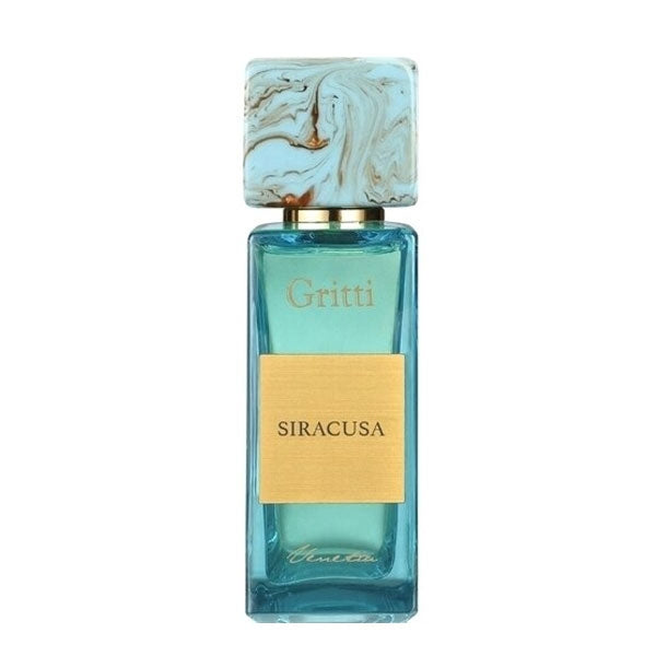 Gritti - Smaragd Collection - Siracusa zeigt eleganten türkisen Flakon mit goldfarbener Etikettierung und marmoriertem Verschluss