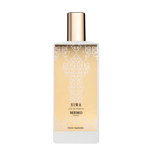 Memo Paris - Siwa Eau de Parfum mit goldfarbenem Verschluss und filigranem Muster auf hellem Flakon vor weißem Hintergrund