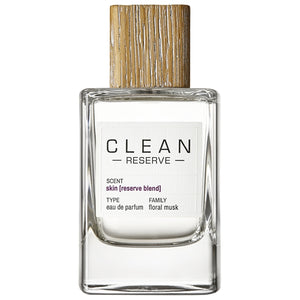 Clean Perfume - Reserve - skin [reserve blend] Parfumflakon mit Holzverschluss vor weißem Hintergrund