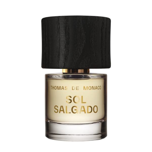 Thomas de Monaco - Sol Salgado klarer Flakon mit warmem Gelbton und mattem schwarzen Holzdeckel elegant schlicht