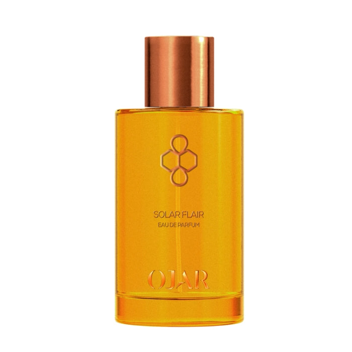 Ojar - Solar Flair Parfumflakon in sonnigem Orange mit kupferfarbenem Verschluss und minimalistischer, moderner Gestaltung