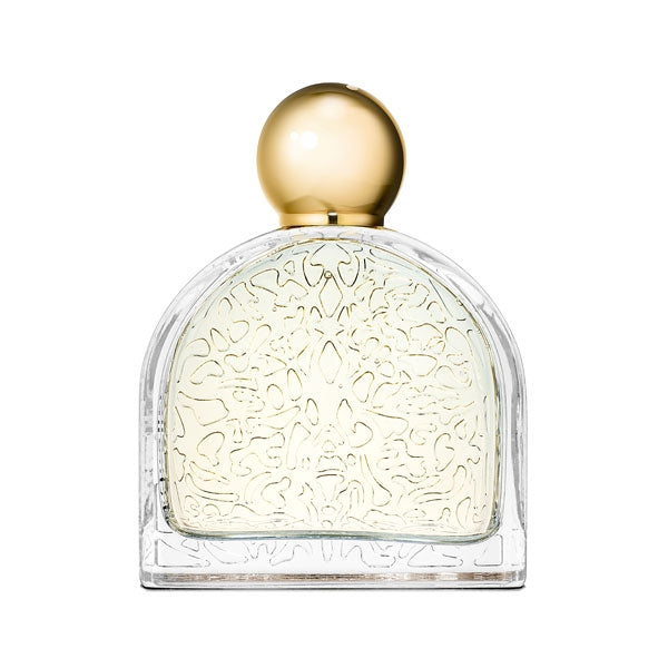 Micallef - Soleil Passion Parfumflakon mit goldfarbenem rundem Verschluss und filigranem Muster auf klarem Glas