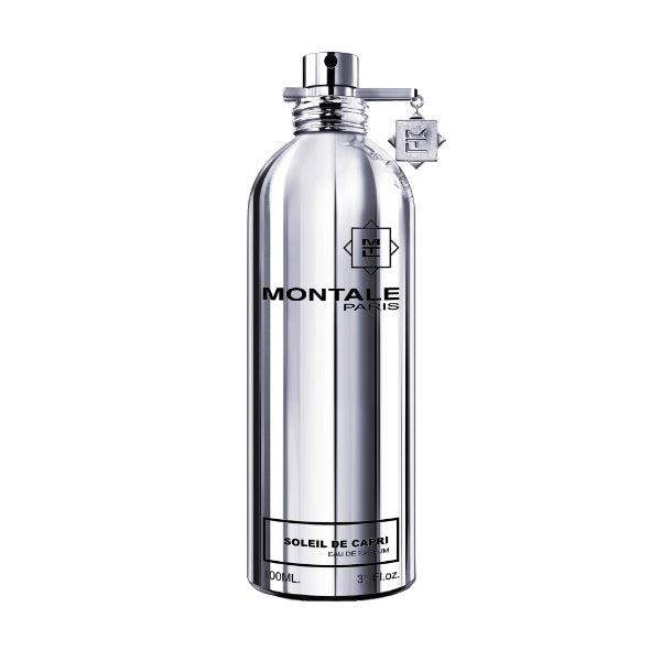 Montale Soleil de Capri Eau de Parfum in sleek reflective silver bottle with charm on white background