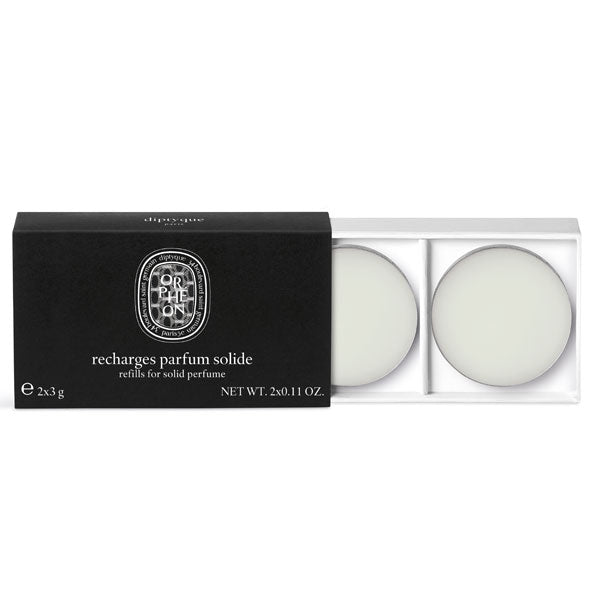 Diptyque - Orpheon - Solid Perfume - Refill Nachfüllpads in schwarzer Verpackung mit weißer Creme minimalistisch dargestellt