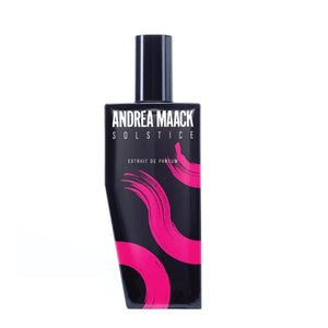 Andrea Maack Parfums - Solstice zeigt eleganten schwarzer Flakon mit pinken Akzenten vor weißem Hintergrund