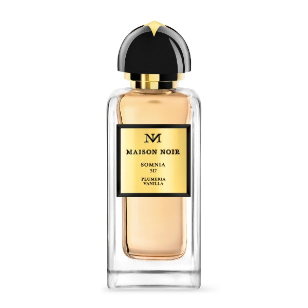 Maison Noir - Somnia 517 zeigt eleganten Glasflakon mit goldfarbenem Etikett und schwarzem Verschluss vor weißem Hintergrund