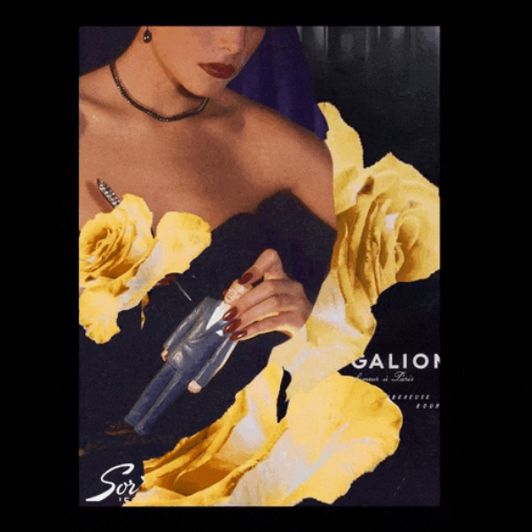 Le Galion - Sortilège Werbekampagne mit eleganter Frau, großem gelben Rosenmotiv und mysteriösem Parfumflakon