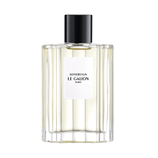 Le Galion - Sovereign Parfumflakon mit klaren Linien, schlichtem Etikett und schwarzem Verschluss vor weißem Hintergrund