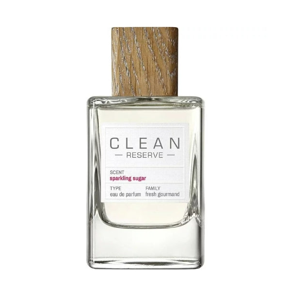 Clean Perfume - Reserve - Sparkling Sugar Flakon mit klarem Glas und Holzverschluss, schlicht vor weißem Hintergrund dargestellt