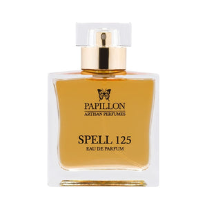 Papillon Perfumery - Spell 125 Parfumflakon mit goldfarbenem Duftöl und transparentem Verschluss vor weißem Hintergrund