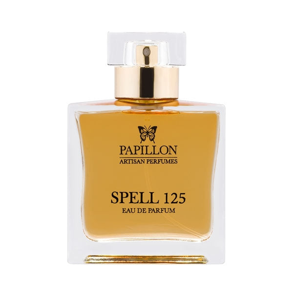 Papillon Perfumery - Spell 125 Parfumflakon mit goldfarbenem Duftöl und transparentem Verschluss vor weißem Hintergrund
