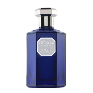 Lorenzo Villoresi Spezie Eau de Toilette in deep blue faceted bottle with silver geometric cap on white background