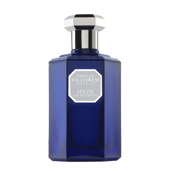 Lorenzo Villoresi Spezie Eau de Toilette in deep blue faceted bottle with silver geometric cap on white background