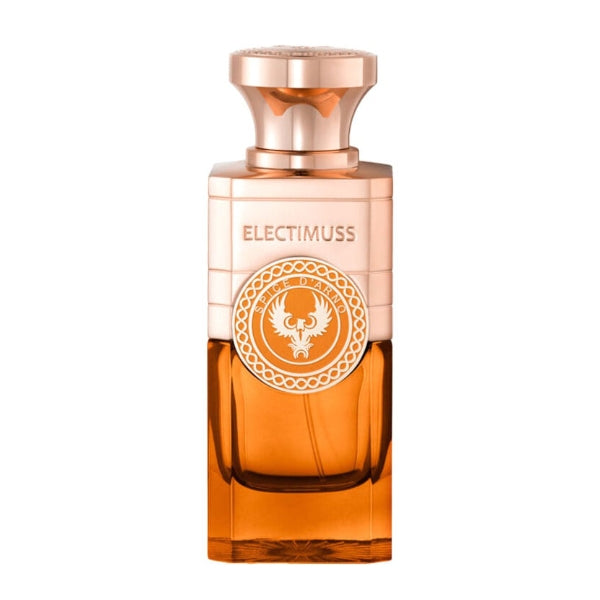 Electimuss - Spice d'Arno exklusiver Duftflakon in warmem Bernstein mit eleganter kupferfarbener Kappe und Logo-Emblem