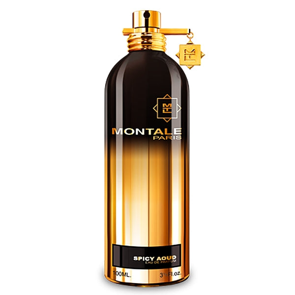Montale - Spicy Aoud Duftflakon mit gold-schwarzem Farbverlauf und goldenem Verschluss vor weißem Hintergrund