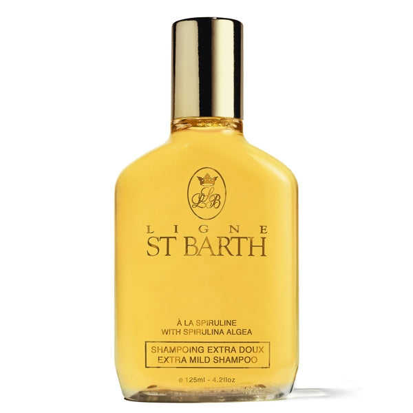 Ligne St Barth - Extra Mild Shampoo with Spirulina Algae goldener Flakon mit klarer gelber Flüssigkeit für sanfte Haarpflege