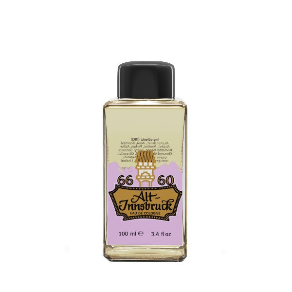Alt-Innsbruck - Eau de Cologne klassischer Flakon mit schwarzem Verschluss und gold-lila Etikett auf weißem Hintergrund