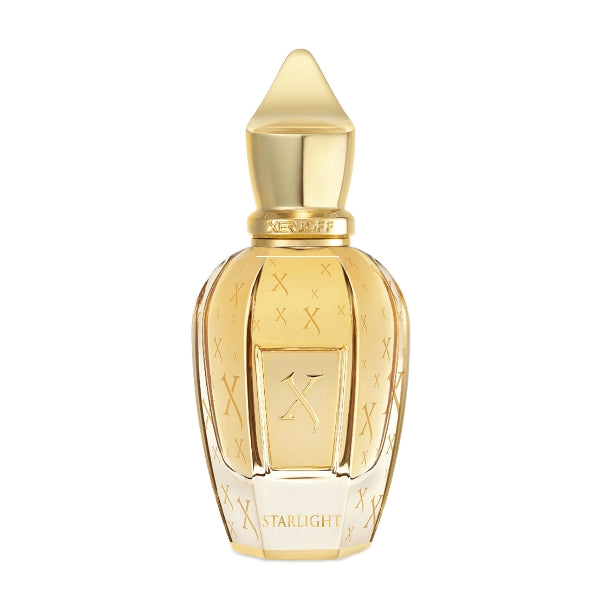 Xerjoff - Spotlight - Starlight Parfumflakon mit goldgelbem Glas und filigraner X-Prägung edel gestaltet auf weißem Hintergrund