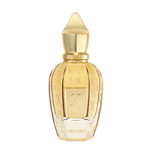 Xerjoff - Spotlight - Starlight Parfumflakon mit goldgelbem Glas und filigraner X-Prägung edel gestaltet auf weißem Hintergrund