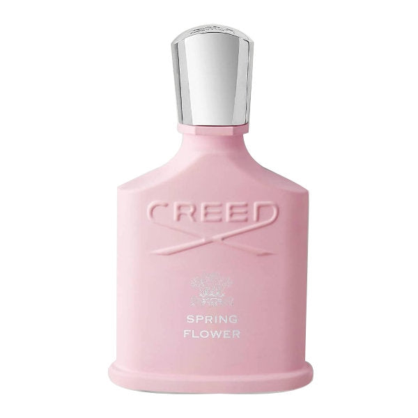 Creed - Spring Flower zarter rosafarbener Flakon mit silbernem Verschluss und geprägtem Logo auf weißem Hintergrund
