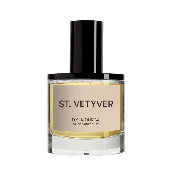D.S. & Durga - St. Vetyver Parfumflakon mit klarem Glas und beigem Etikett vor weißem Hintergrund