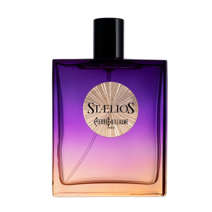 Pierre Guillaume - Beyond Collection - Stælios Parfumflakon mit violettem und goldfarbenem Farbverlauf vor weißem Hintergrund