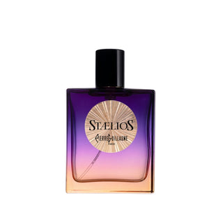 Pierre Guillaume - Beyond Collection - Stælios Parfumflakon mit violett-orangefarbenem Farbverlauf vor weißem Hintergrund