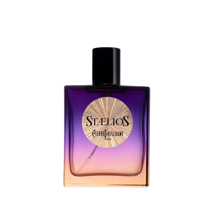 Pierre Guillaume - Beyond Collection - Stælios Parfumflakon mit violett-orangefarbenem Farbverlauf vor weißem Hintergrund
