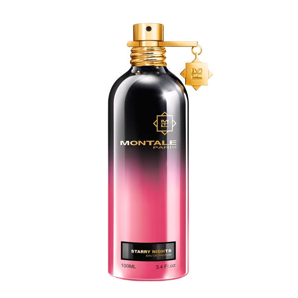 Montale - Starry Nights Parfumflakon mit schwarz-rosafarbenem Farbverlauf und goldfarbenem Zerstäuber vor weißem Hintergrund
