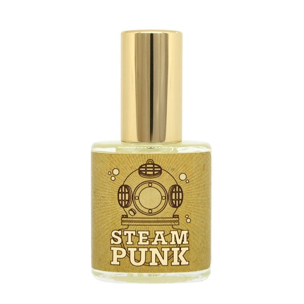 Erik Kormann - Steampunk Parfumflakon mit goldfarbenem Verschluss und rustikalem Labeldesign im Steampunk-Stil